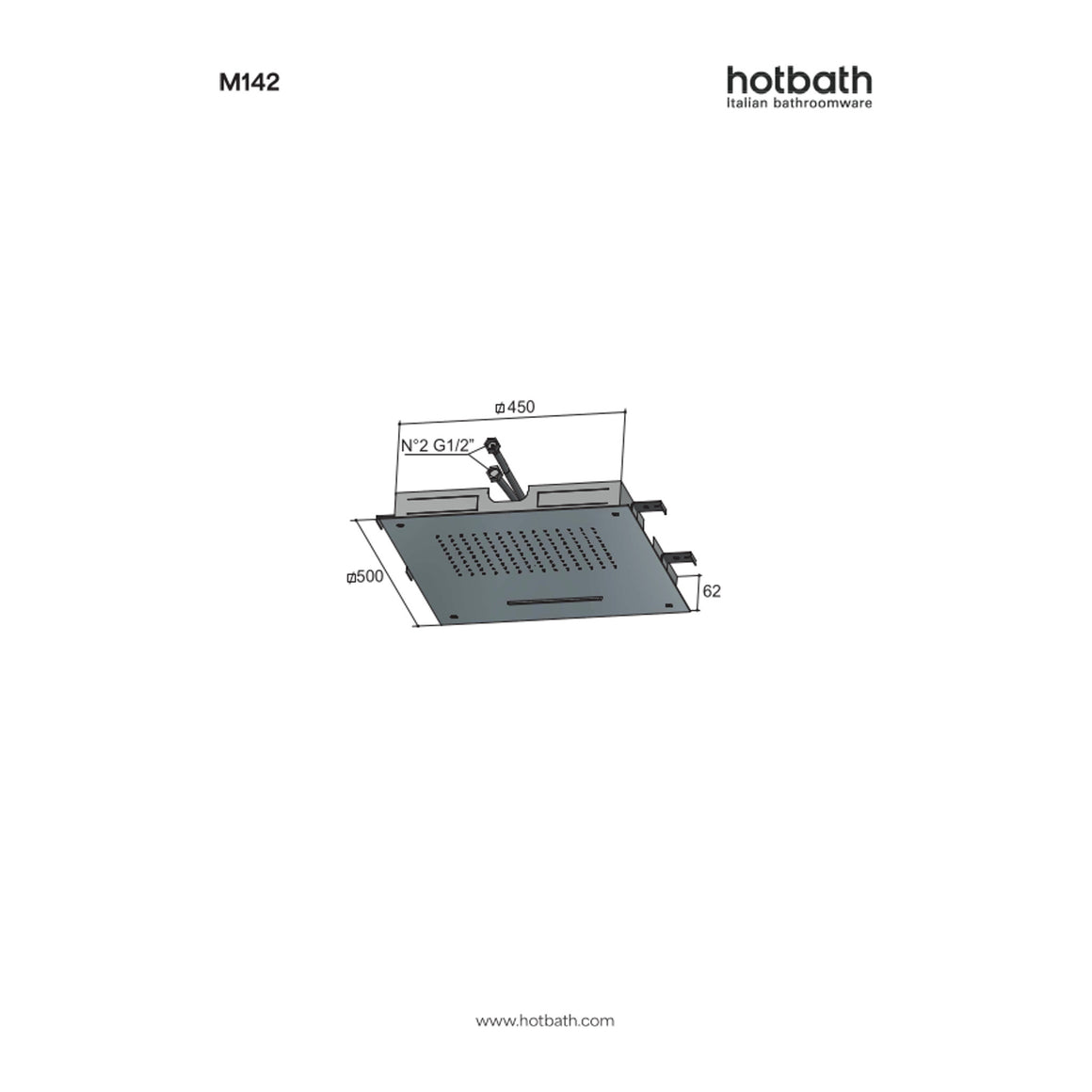 Hotbath Mate M142 inbouw hoofddouche vierkant 50 cm met waterval technische tekening
