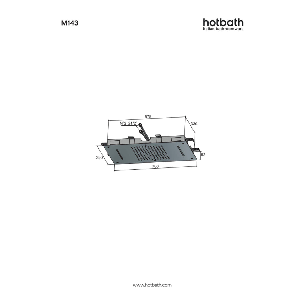 Hotbath Mate M143 inbouw hoofddouche 38x70 cm met waterval technische tekening