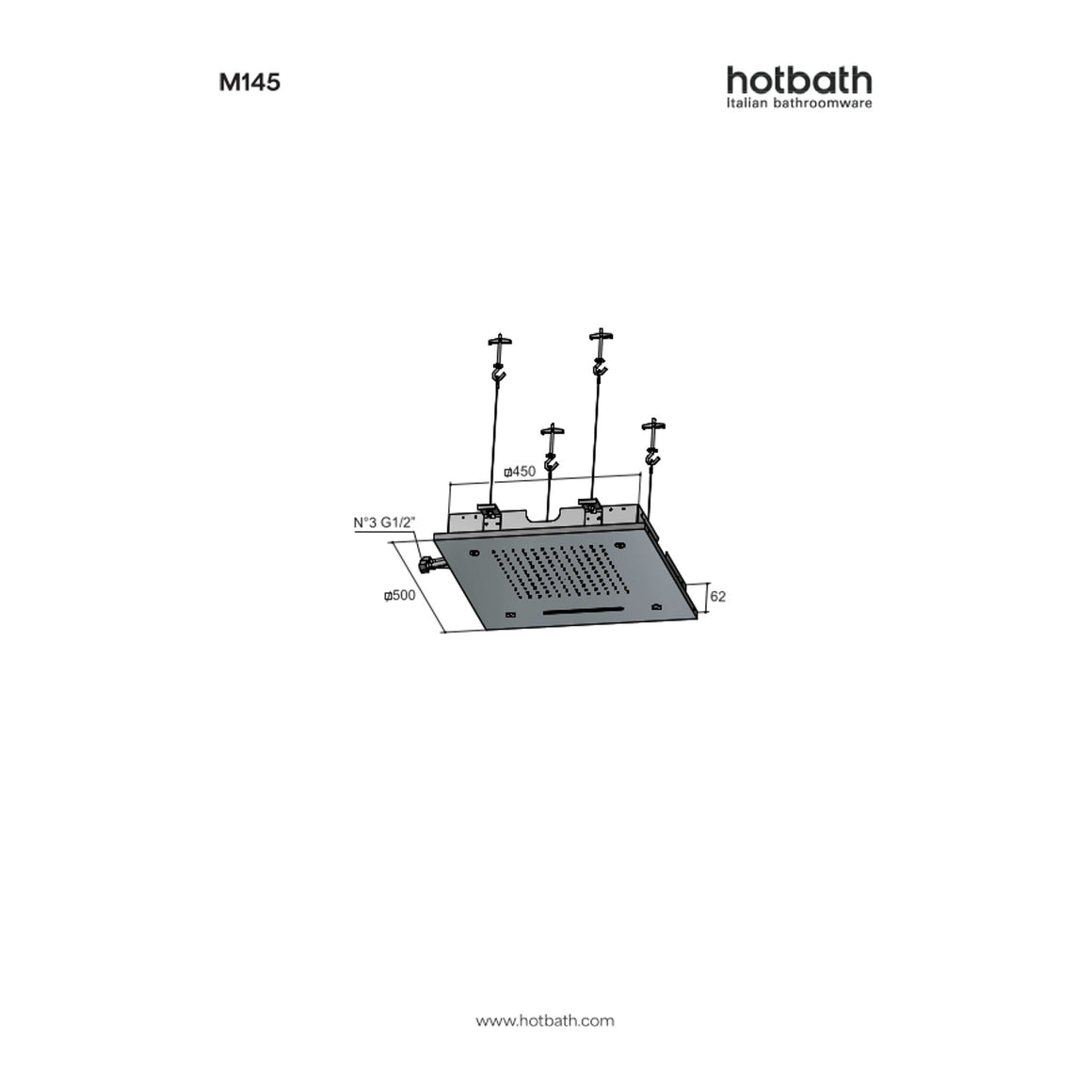 Hotbath Mate M145 inbouw hoofddouche vierkant 50 cm met waterval en spray technische tekening