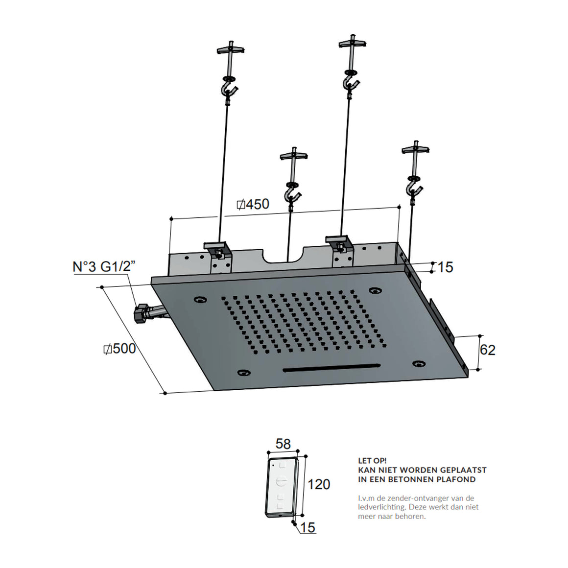 Hotbath Mate M146 inbouw hoofddouche 50 cm met LED, waterval en spray Geborsteld nikkel productfoto