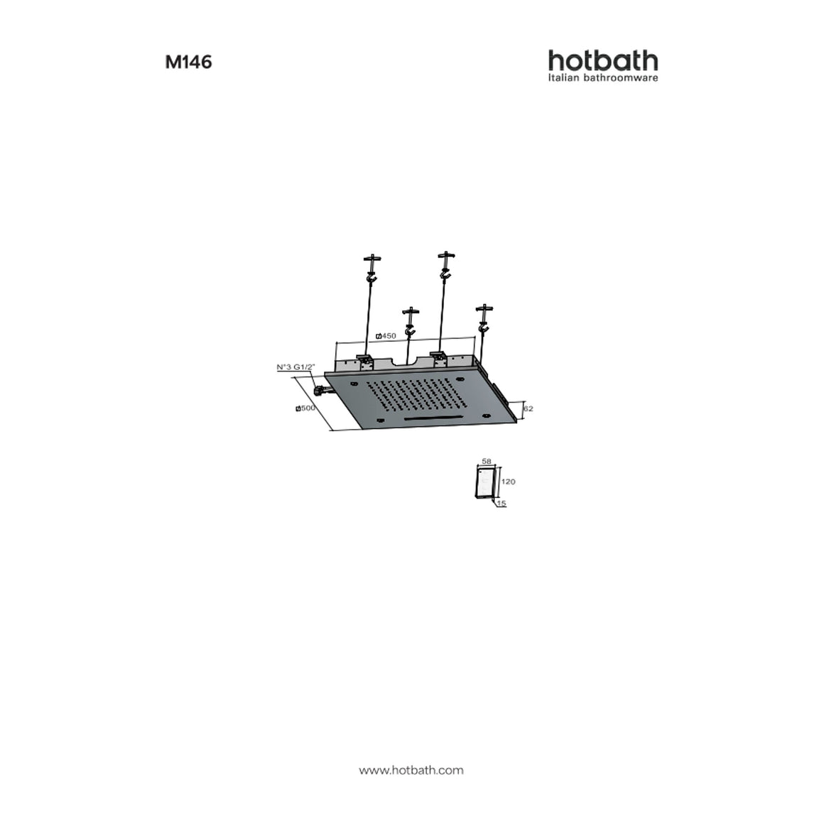 Hotbath Mate M146 inbouw hoofddouche 50 cm met LED, waterval en spray technische tekening