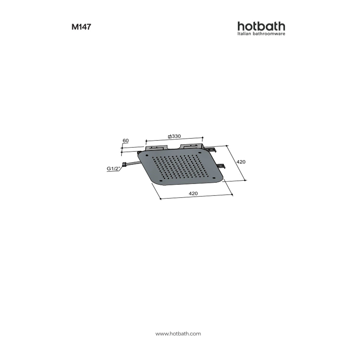 Hotbath Mate M147 hoofddouche vierkant 42x42 cm technische tekening