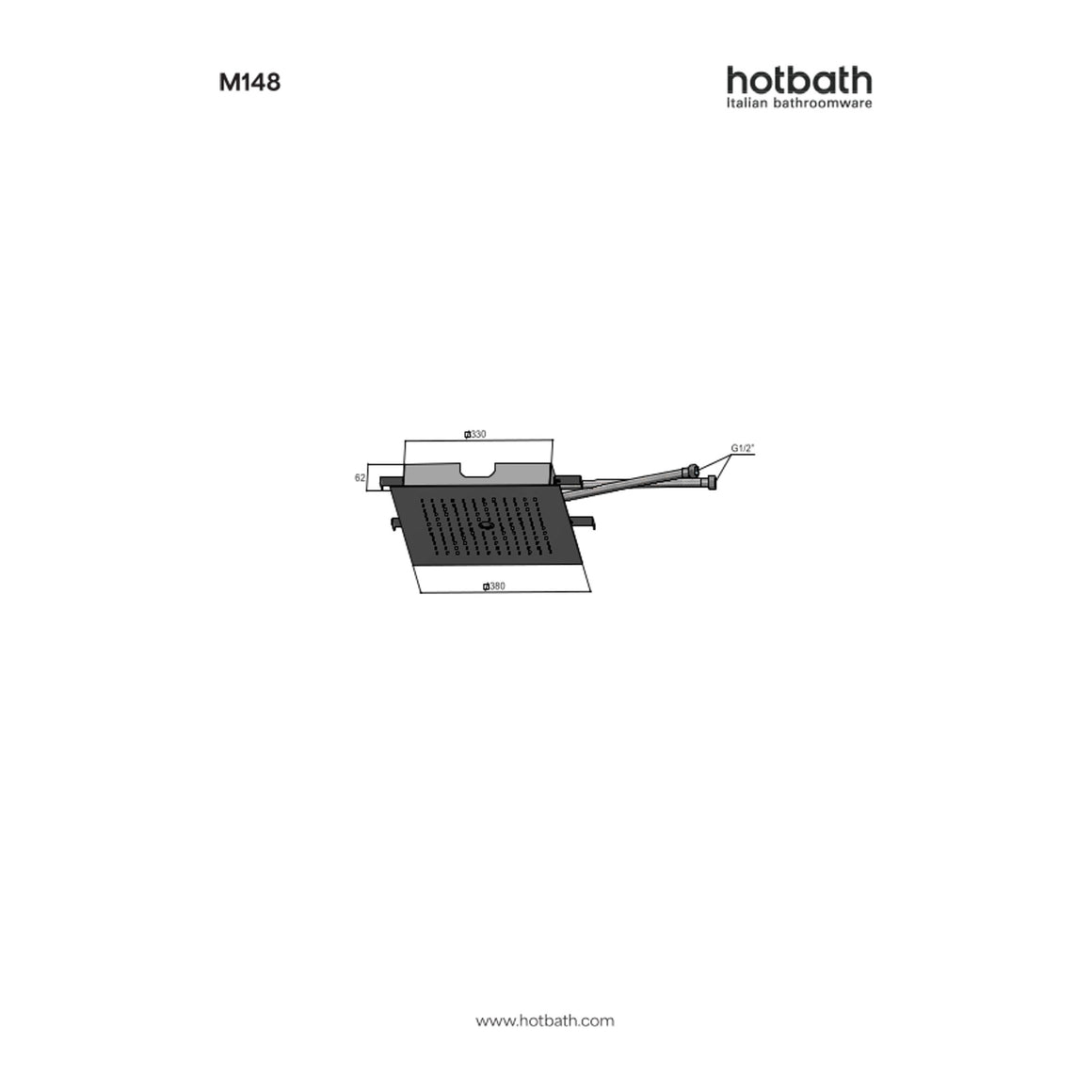 Hotbath Mate M148 inbouw hoofddouche vierkant 38 cm met waterpilaar technische tekening