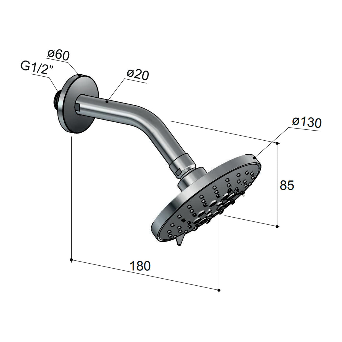 Hotbath Mate M169 hoofddouche 3 standen rond 13 cm met wandarm Geborsteld nikkel productfoto