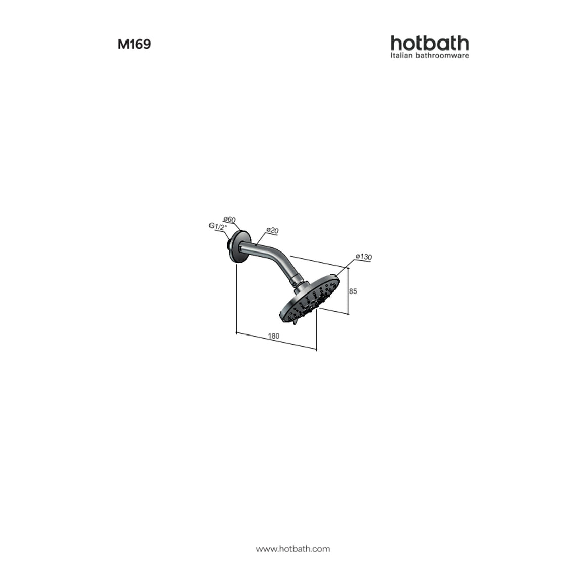Hotbath Mate M169 hoofddouche 3 standen rond 13 cm met wandarm technische tekening
