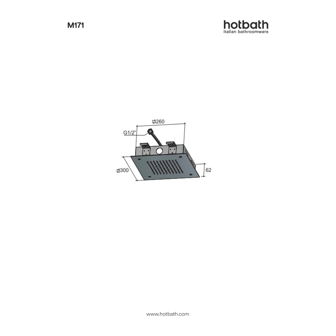 Hotbath Mate M171 inbouw hoofddouche vierkant 30 cm technische tekening