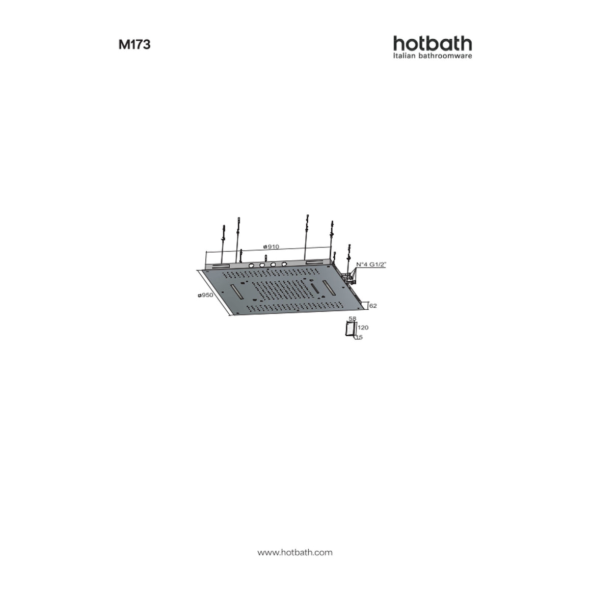 Hotbath Mate M173 inbouw hoofddouche 95 cm met LED, waterval en spray technische tekening