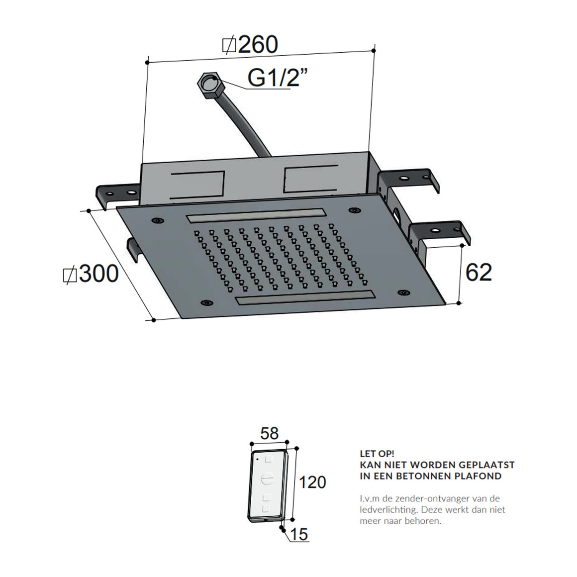 Hotbath Mate M174 inbouw hoofddouche vierkant 30 cm met LED Geborsteld nikkel productfoto