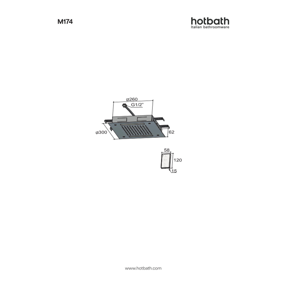 Hotbath Mate M174 inbouw hoofddouche vierkant 30 cm met LED technische tekening