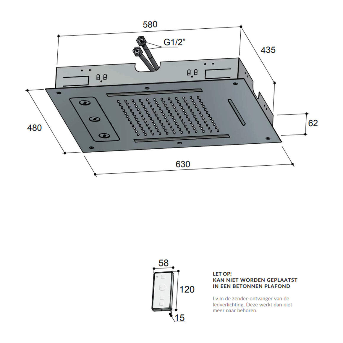 Hotbath Mate M190 inbouw hoofddouche 48x63 cm met LED, waterval en twist Geborsteld nikkel productfoto