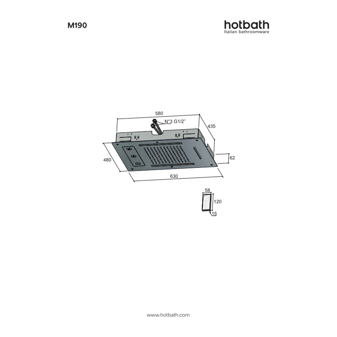 Hotbath Mate M190 inbouw hoofddouche 48x63 cm met LED, waterval en twist technische tekening