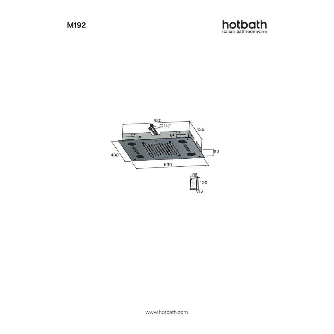 Hotbath Mate M192 inbouw hoofddouche 48x63 cm met LED, spray en Bluetooth technische tekening