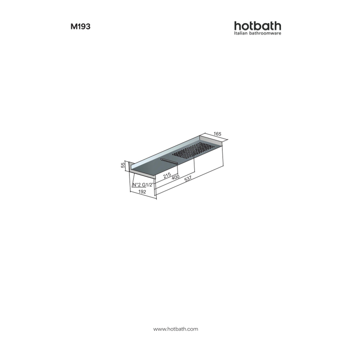 Hotbath Mate M193 opbouw hoofddouche wandmodel met cascade technische tekening