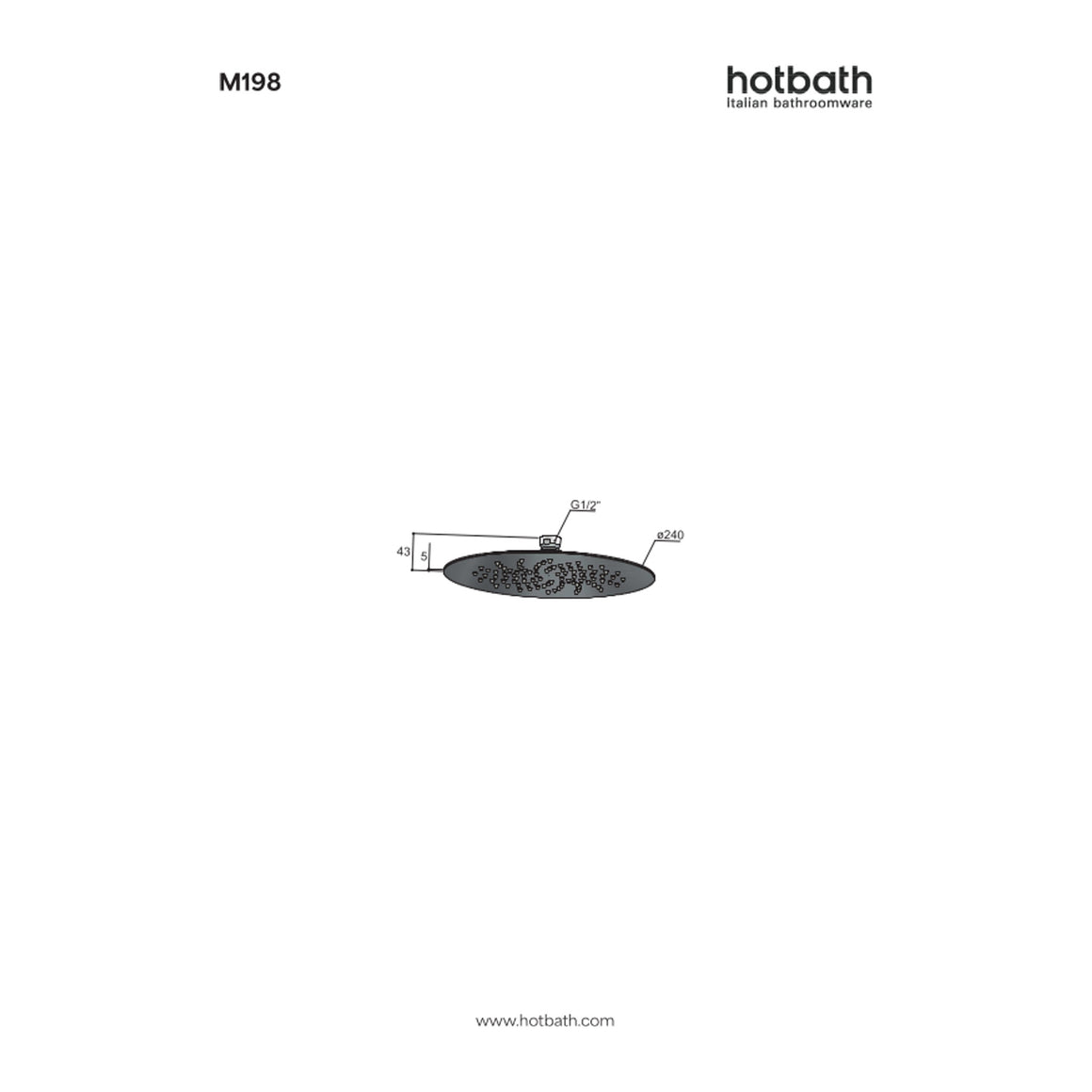 Hotbath Mate M198 hoofddouche rond 24 cm extra dun technische tekening
