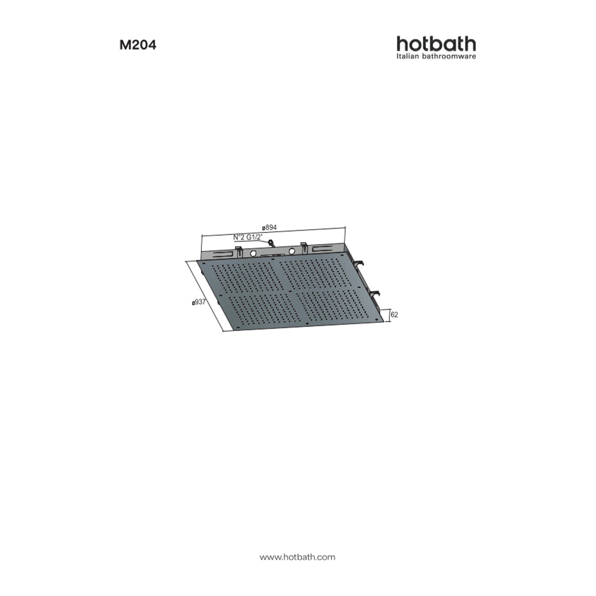 Hotbath Mate M204 inbouw hoofddouche vierkant 90 cm technische tekening