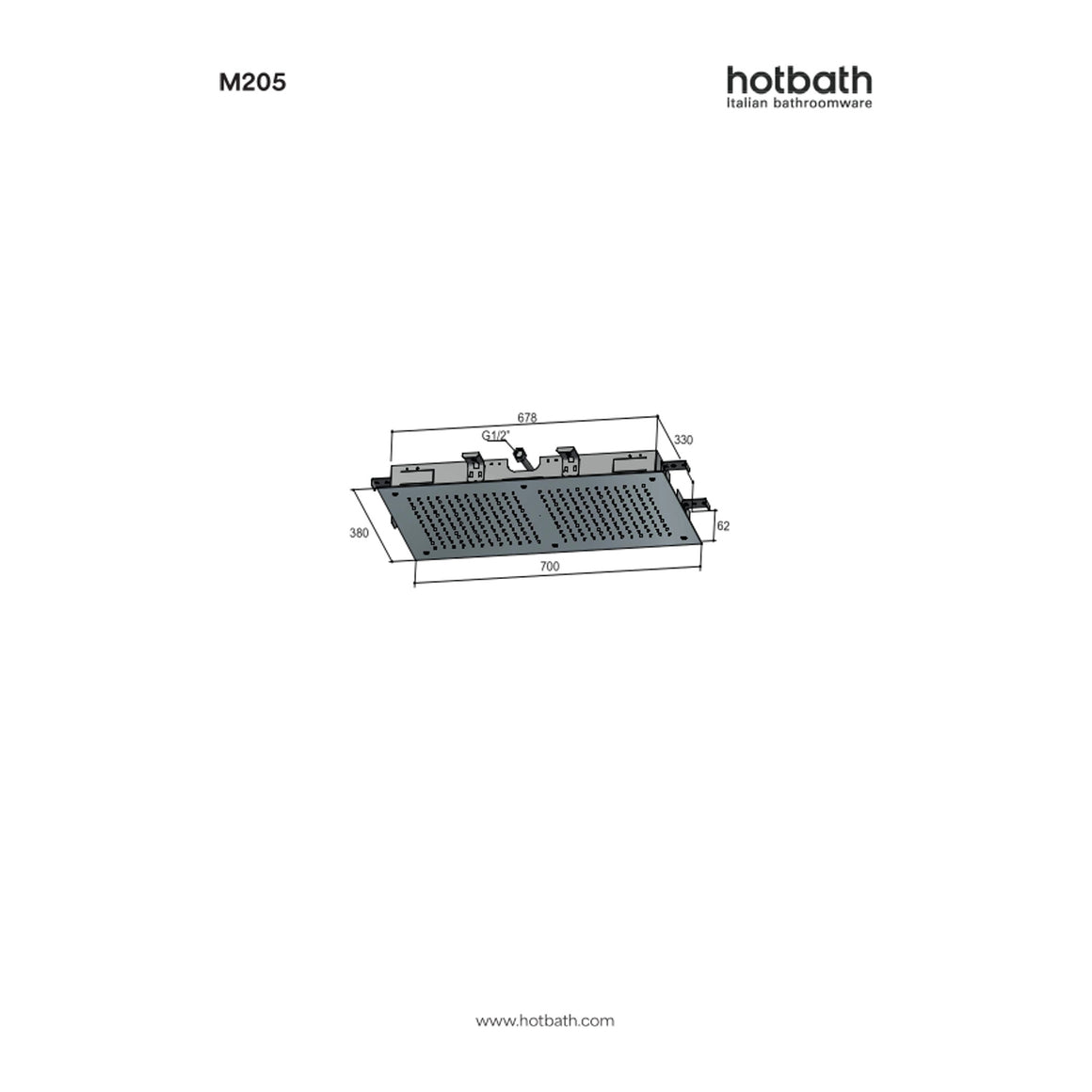 Hotbath Mate M205 inbouw hoofddouche rechthoekig 38x70 cm technische tekening