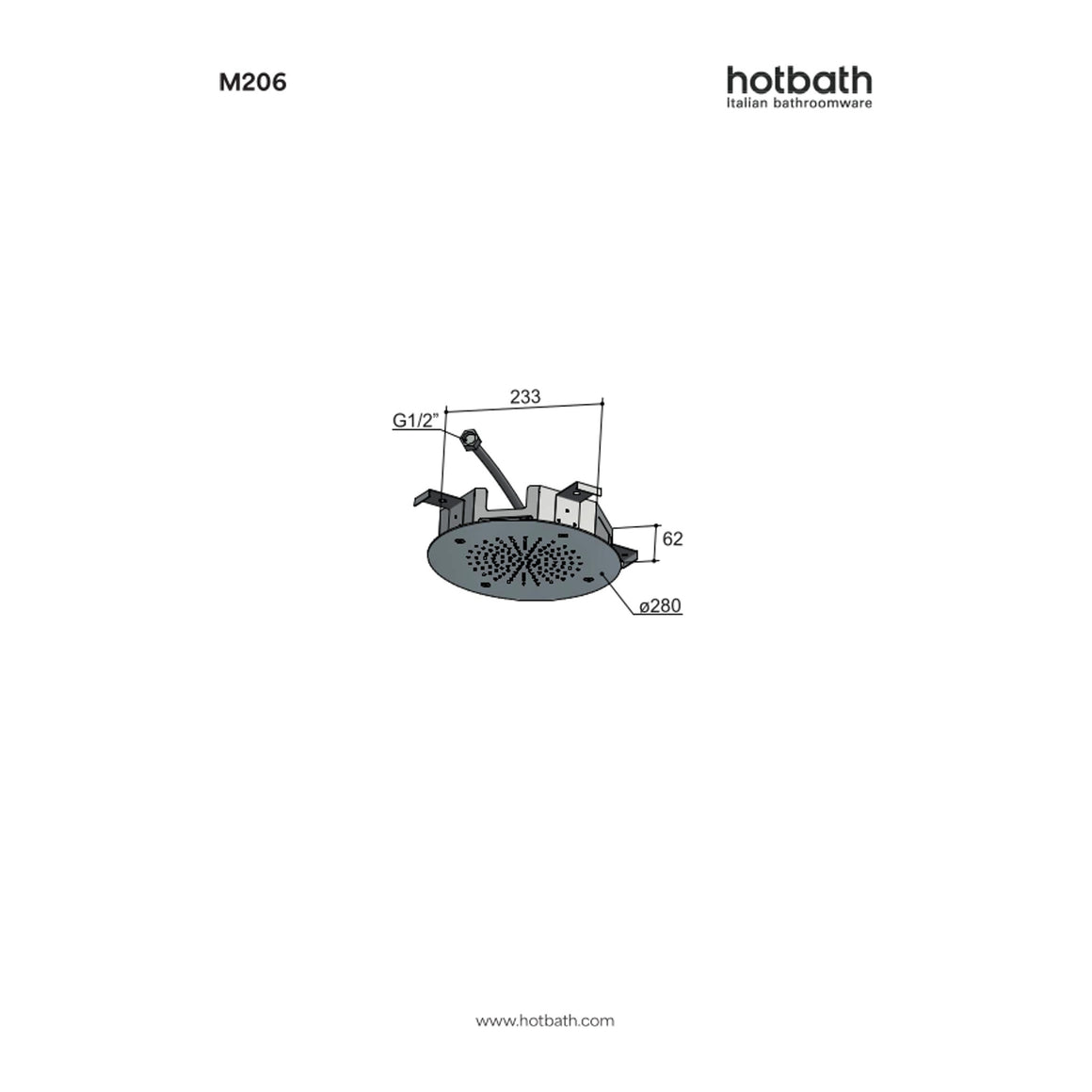 Hotbath Mate M206 inbouw hoofddouche rond 28 cm technische tekening
