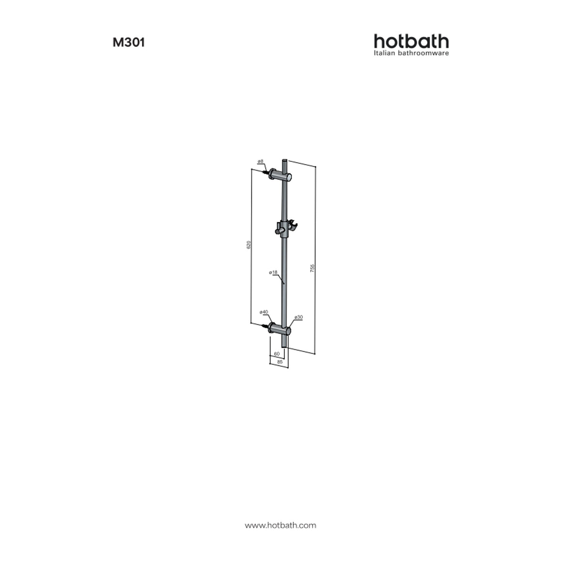 Hotbath Mate M301 glijstang rond 75 cm technische tekening