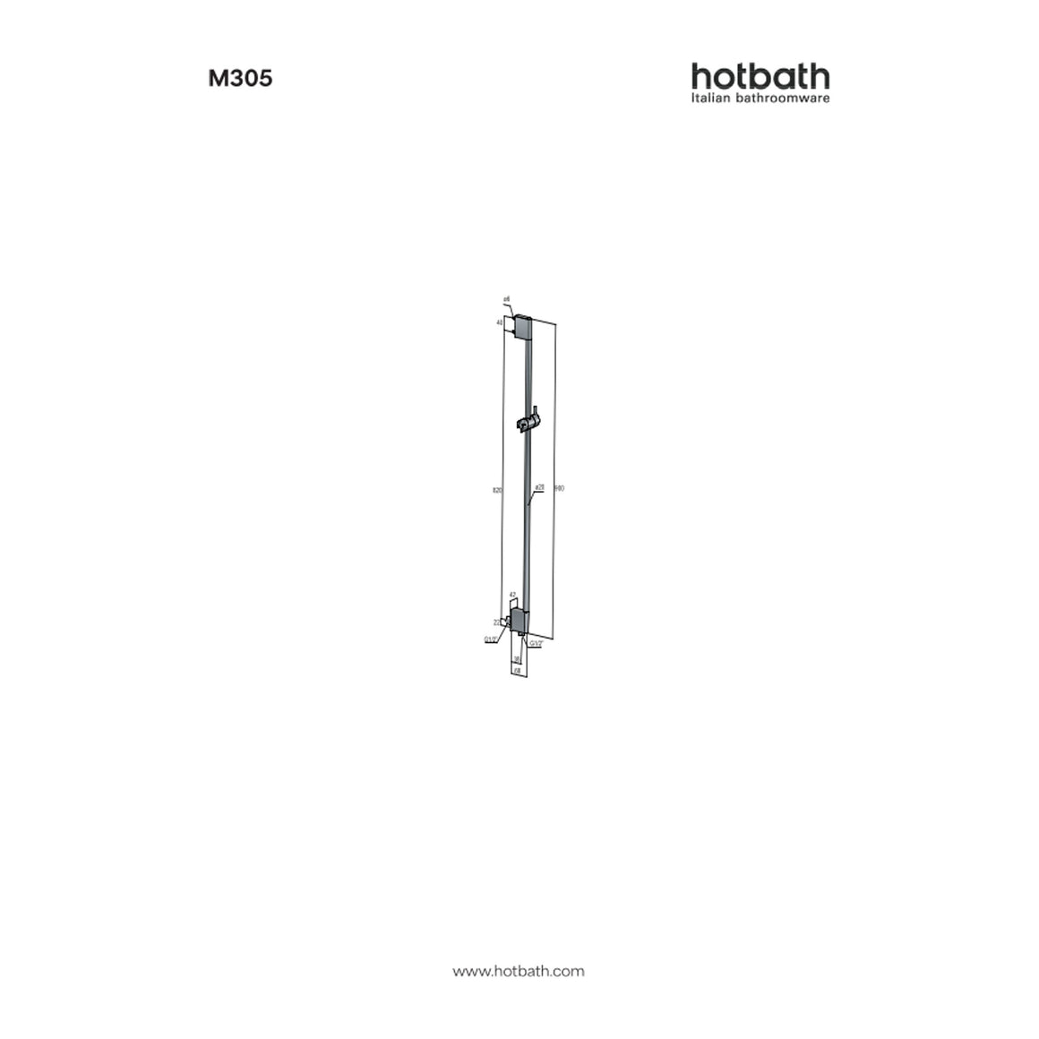 Hotbath Mate M305 glijstang 90 cm met geïntegreerde wateraansluiting technische tekening