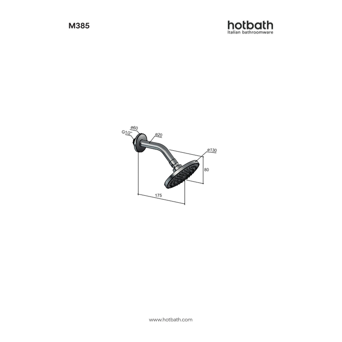 Hotbath Mate M385 hoofddouche rond 13 cm met wandarm technische tekening