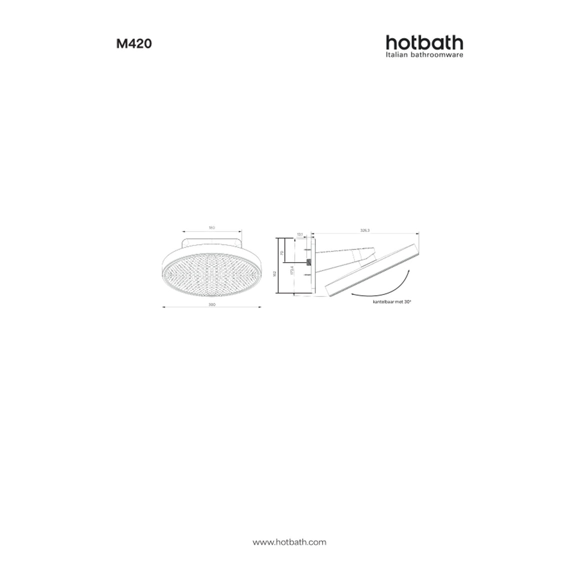 Hotbath Mate M420 opbouw hoofddouche rond 30 cm technische tekening