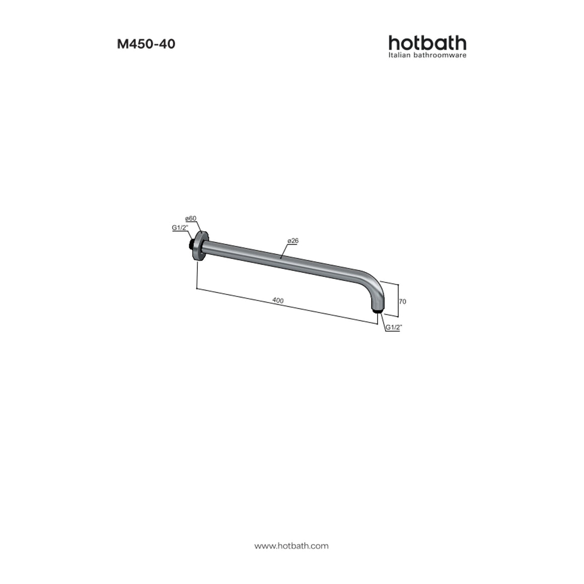 Hotbath Mate M450-40 douchearm rond voor muurmontage 40 cm technische tekening