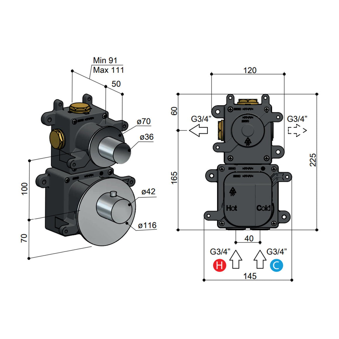 Hotbath Mate MHF001-005 High Flow inbouwdeel met stopkranen 1 stopkraan productfoto