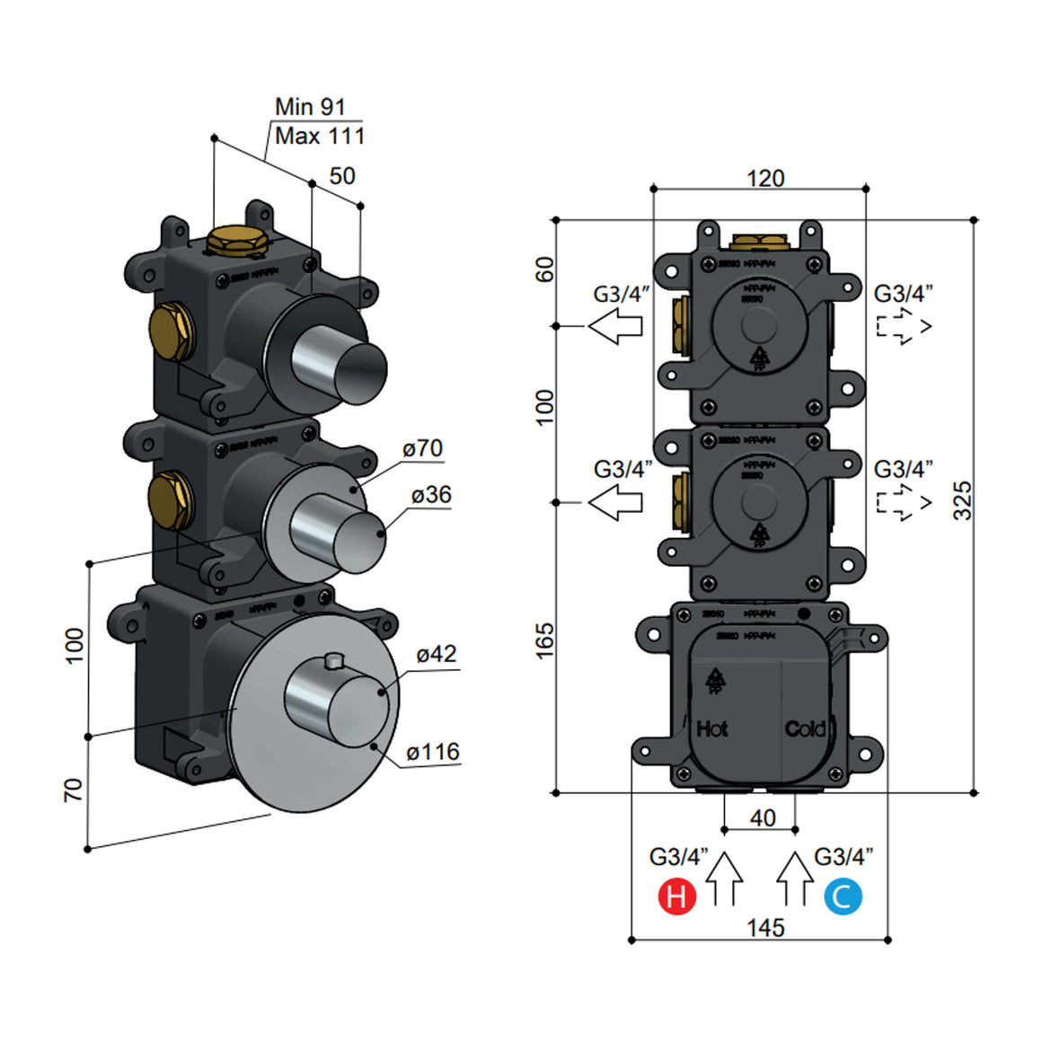 Hotbath Mate MHF001-005 High Flow inbouwdeel met stopkranen 2 stopkranen productfoto