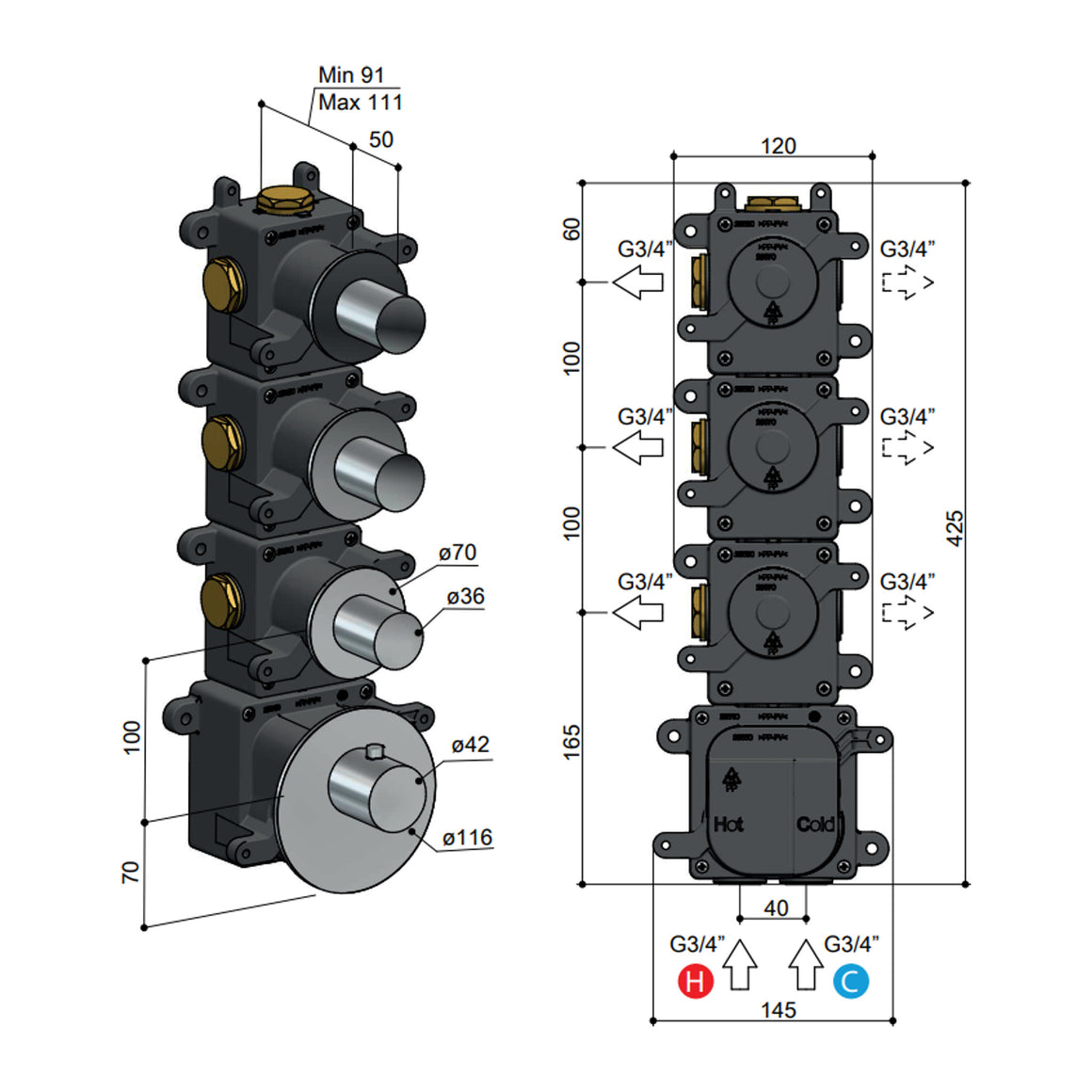 Hotbath Mate MHF001-005 High Flow inbouwdeel met stopkranen 3 stopkranen productfoto