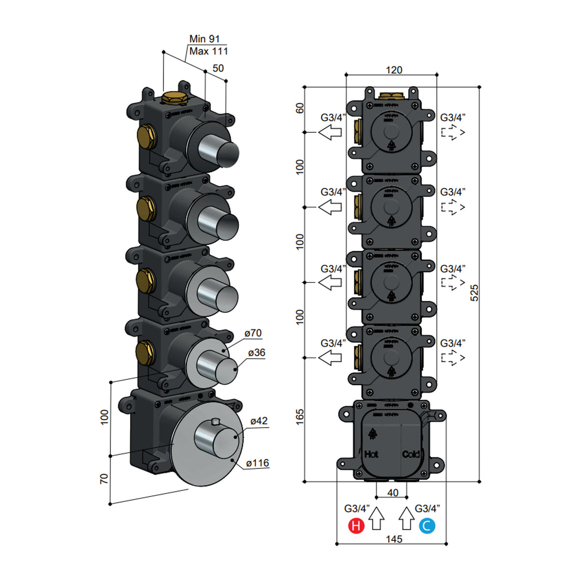 Hotbath Mate MHF001-005 High Flow inbouwdeel met stopkranen 4 stopkranen productfoto