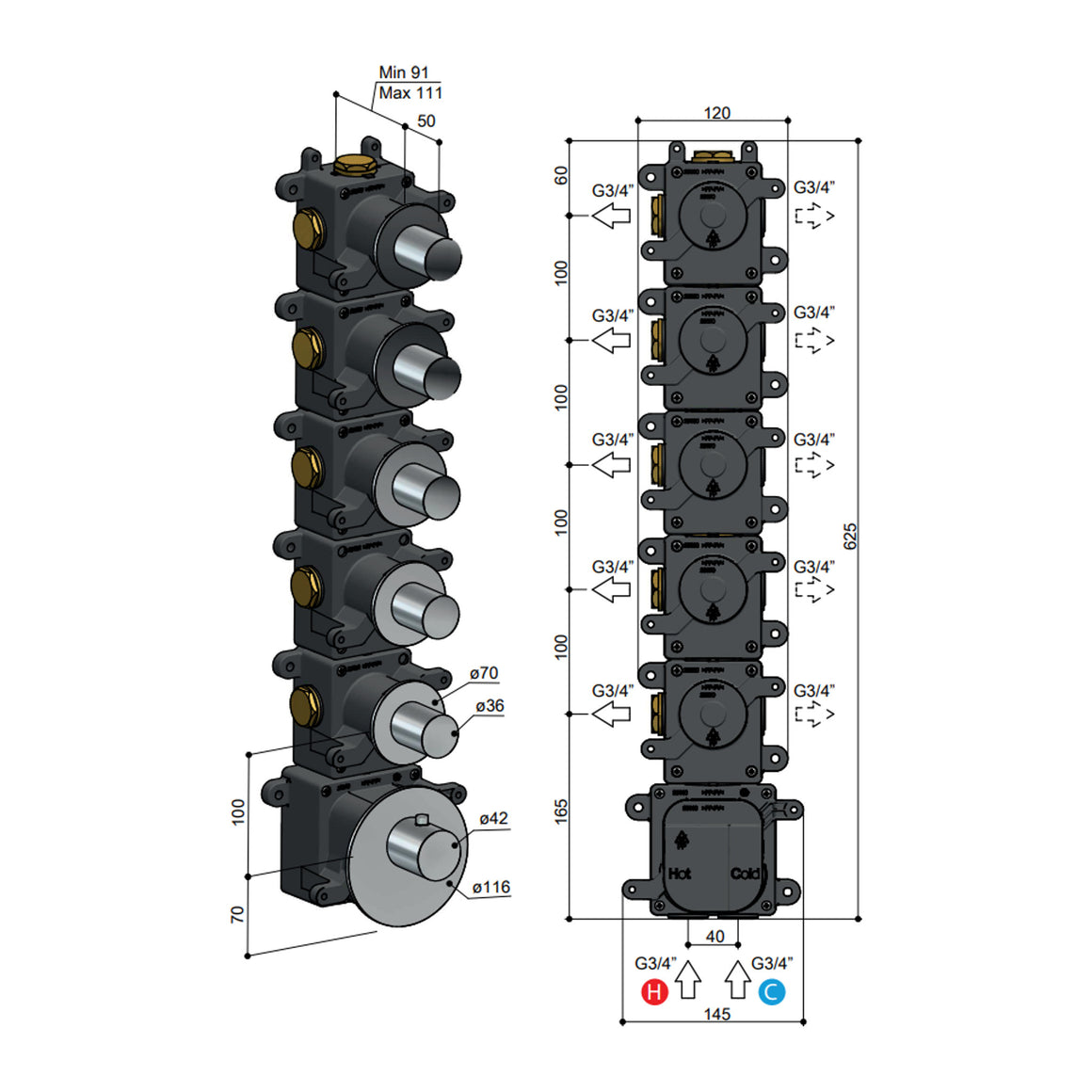Hotbath Mate MHF001-005 High Flow inbouwdeel met stopkranen 5 stopkranen productfoto