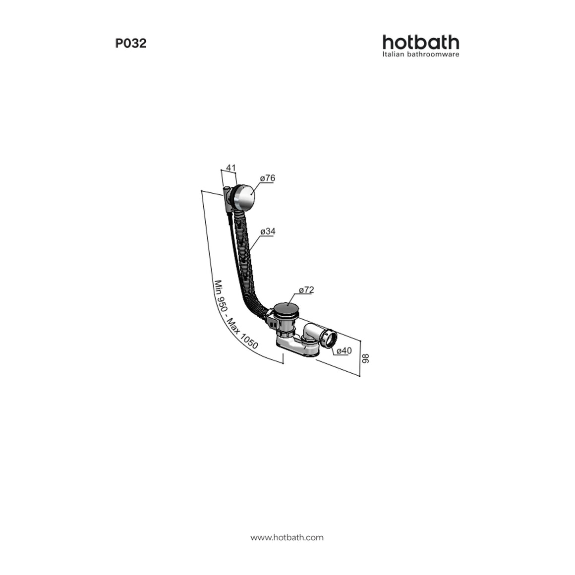 Hotbath Mate P032 badoverloop verlengd technische tekening