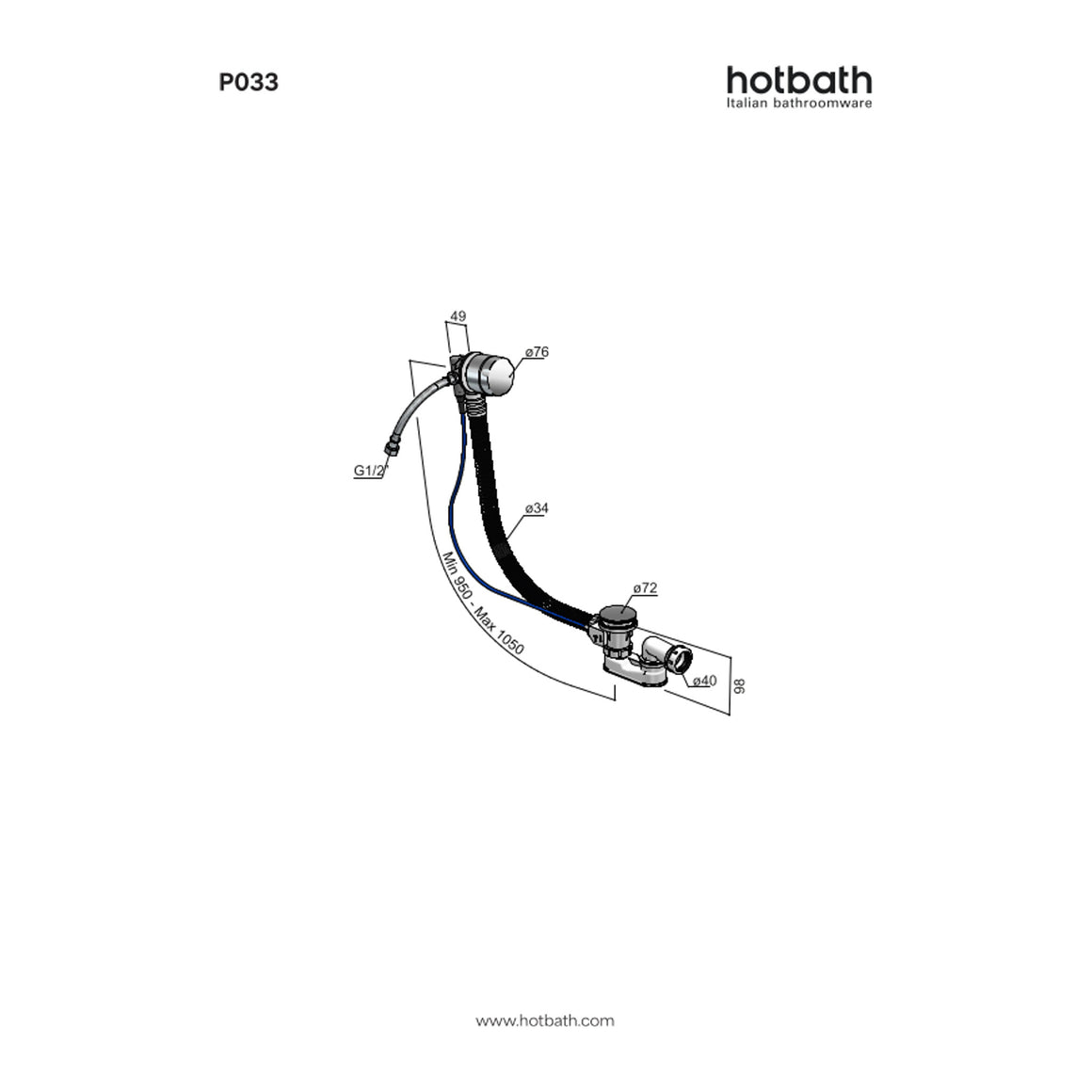 Hotbath Mate P033 badoverloop-vulcombinatie technische tekening