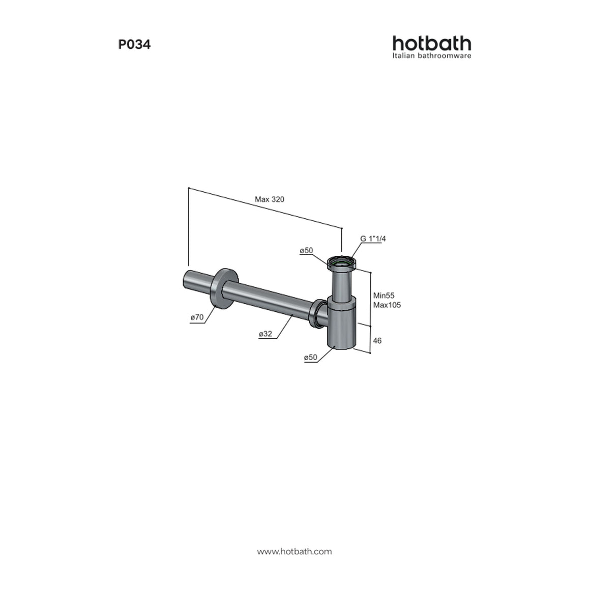 Hotbath Mate P034 fonteinsifon rond technische tekening