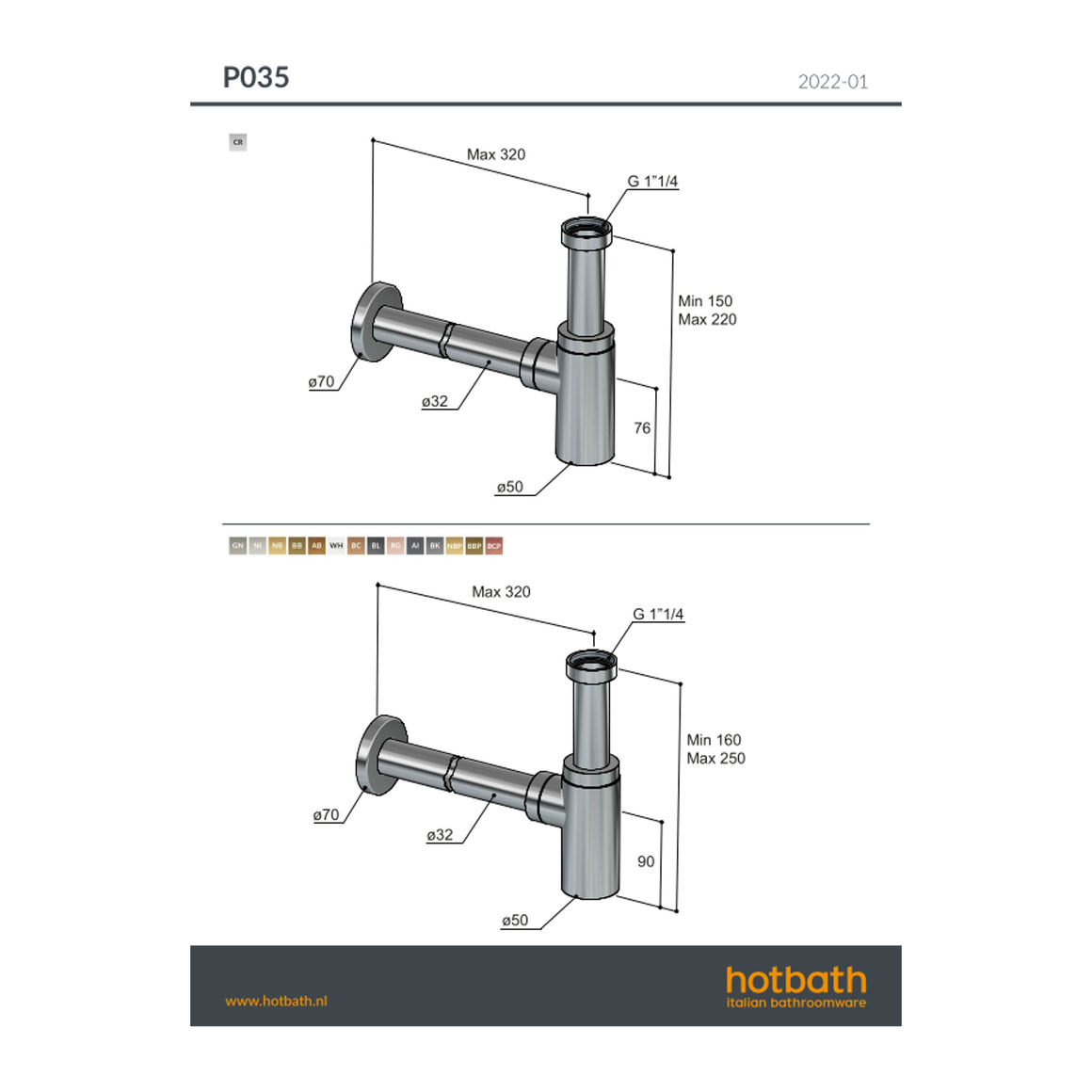 Hotbath Mate P035 wastafelsifon rond technische tekening