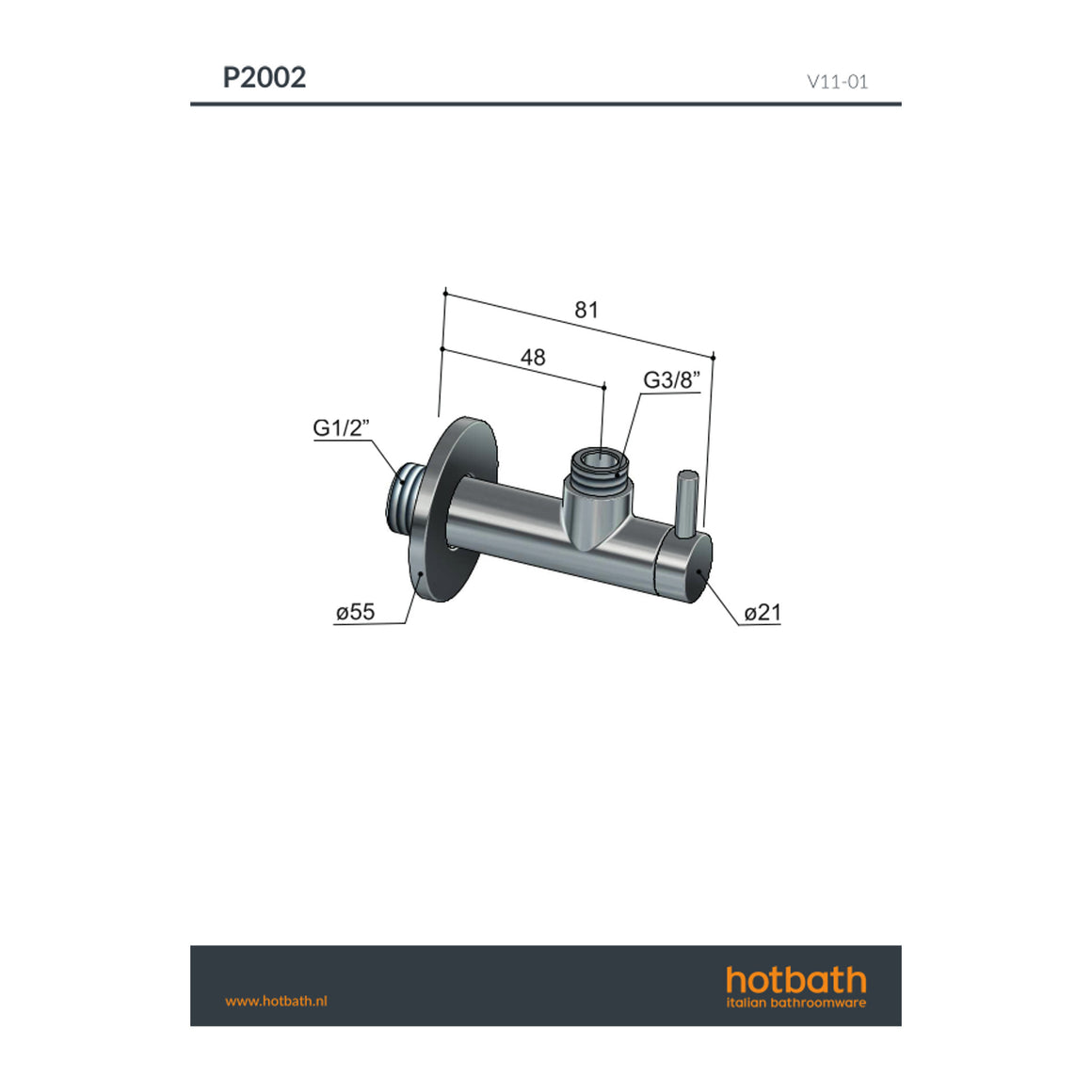 Hotbath Mate P2002 hoekstopkraan rond met filter 1/2" technische tekening