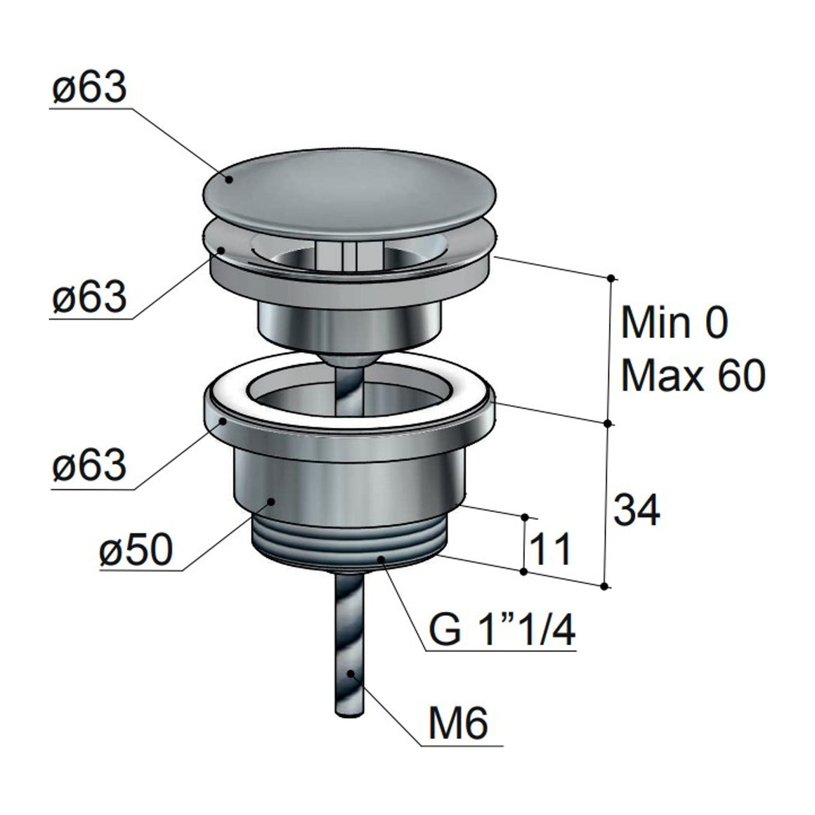 Hotbath Mate P708 always open afvoerplug rond technische tekening