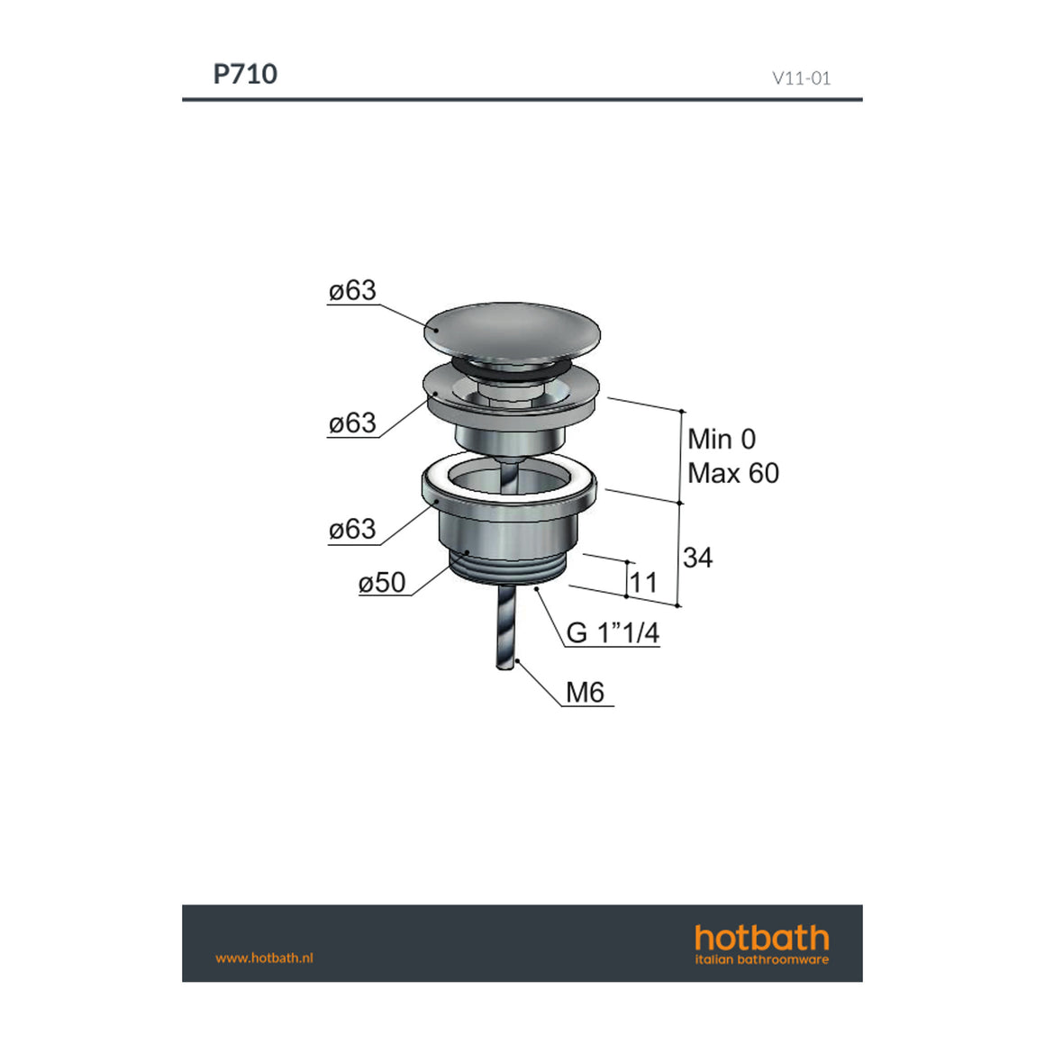 Hotbath Mate P710 clickwaste afvoerplug rond technische tekening