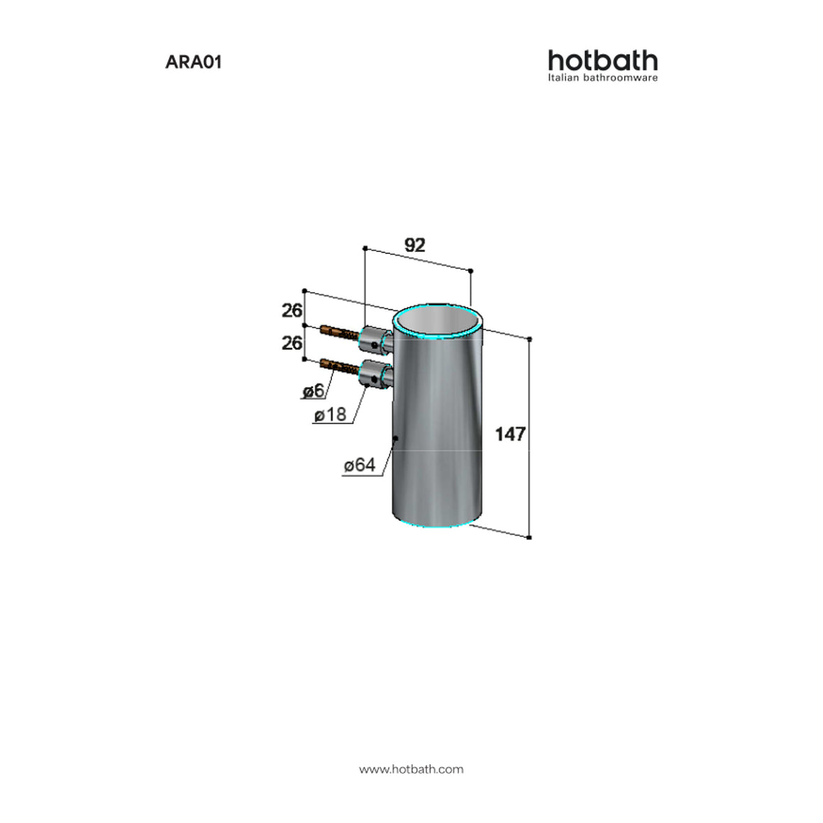 Hotbath &More ARA01 bekerhouder RVS 316 technische tekening