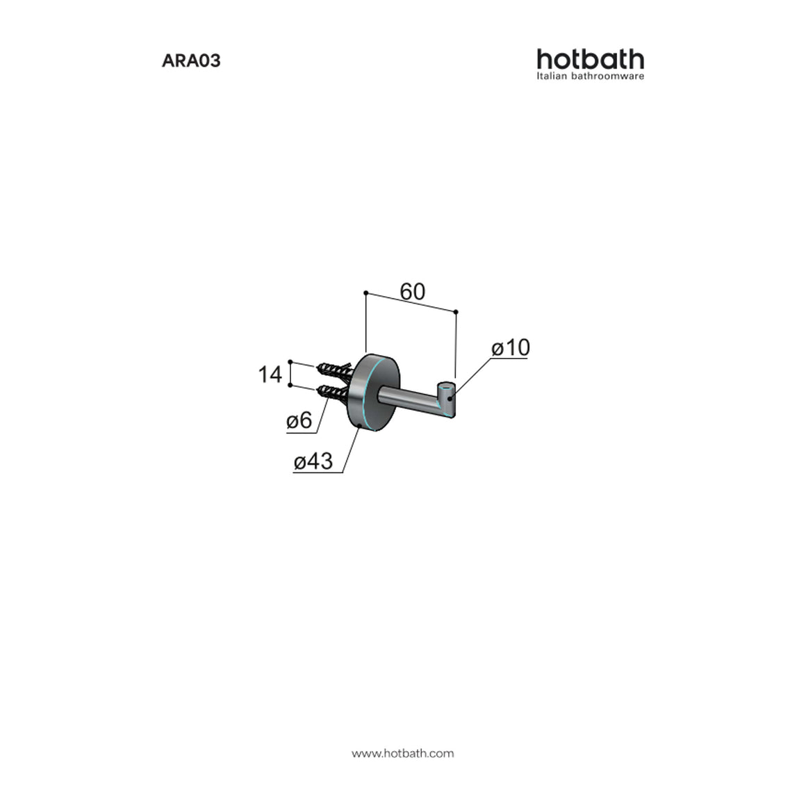 Hotbath &More ARA03 handdoekhaak RVS 316 technische tekening
