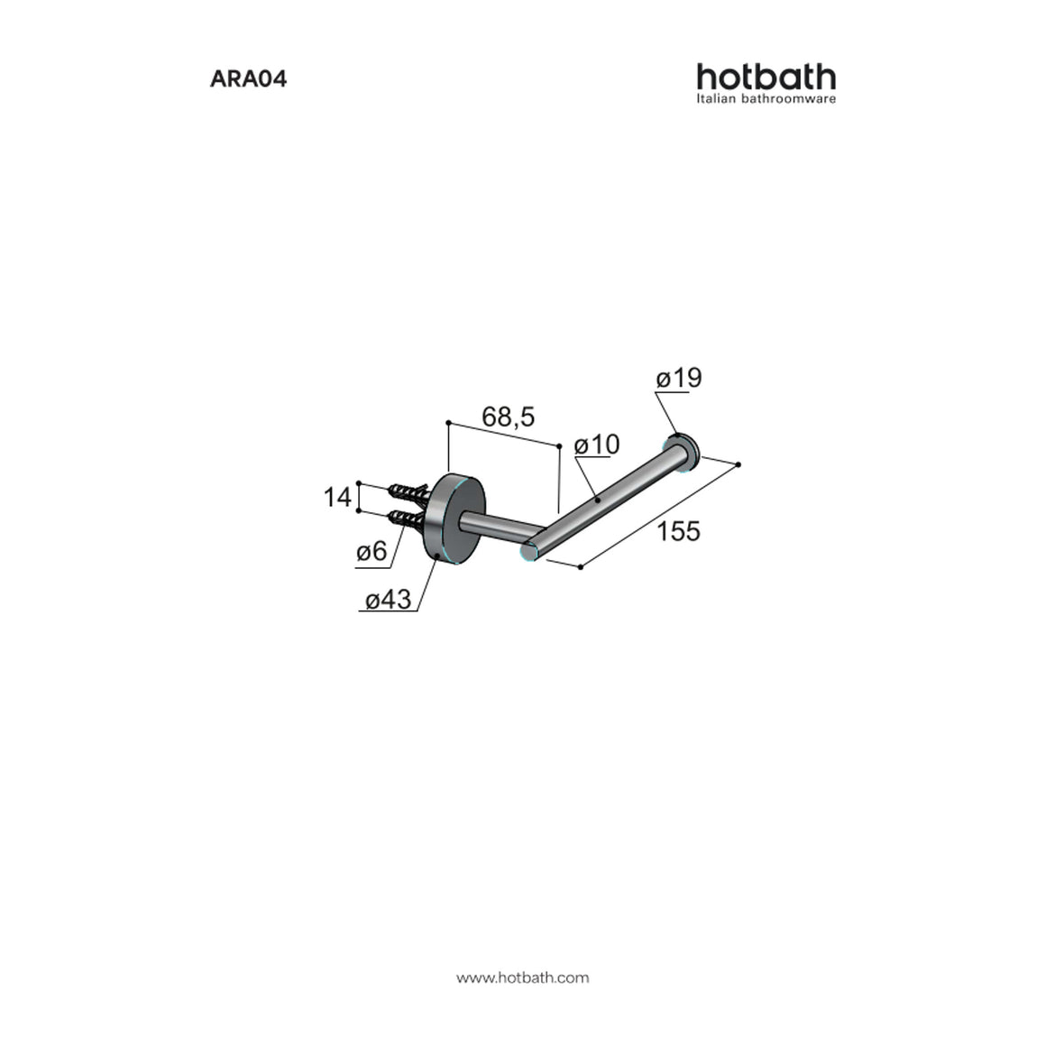 Hotbath &More ARA04 toiletrolhouder RVS 316 technische tekening