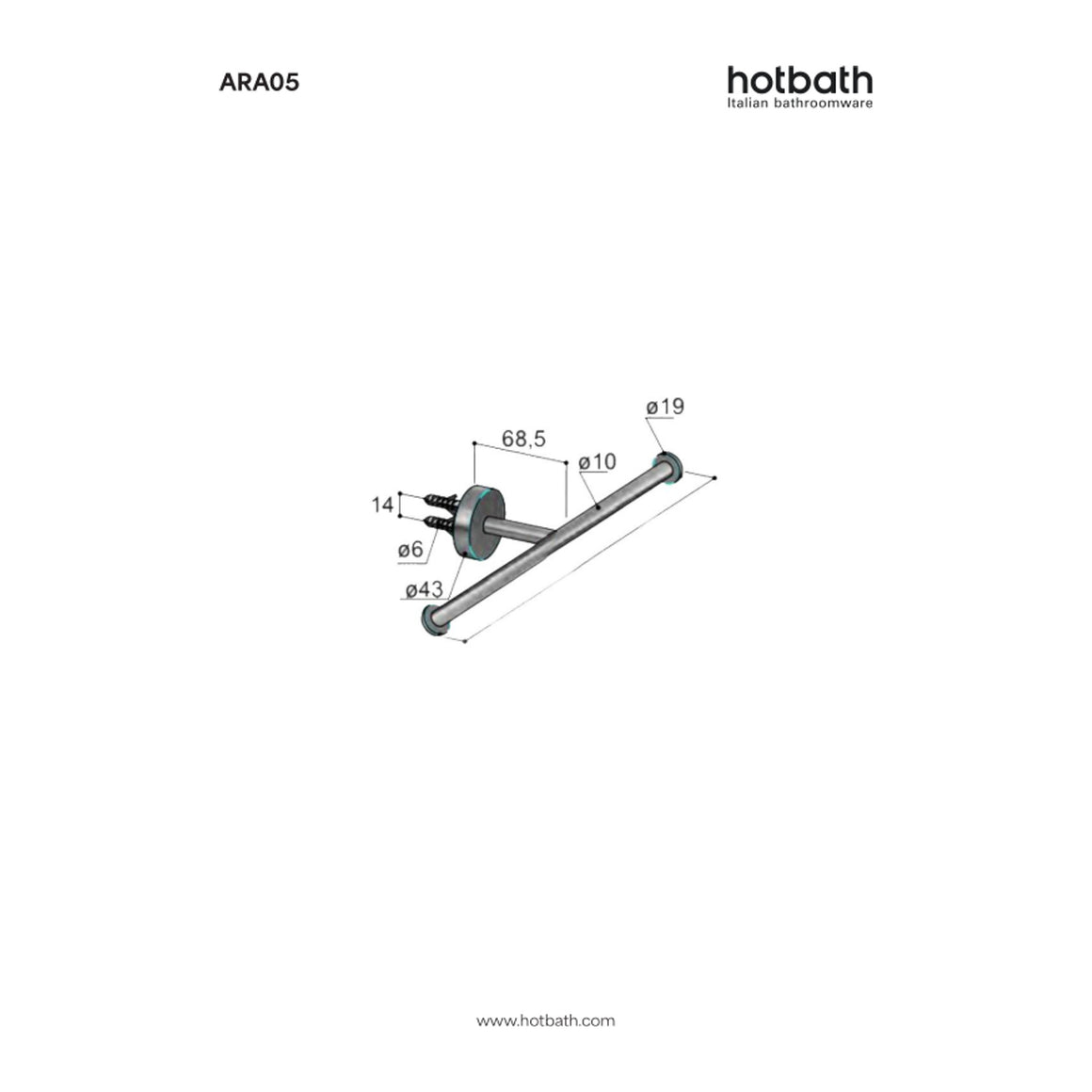 Hotbath &More ARA05 dubbele toiletrolhouder RVS 316 technische tekening