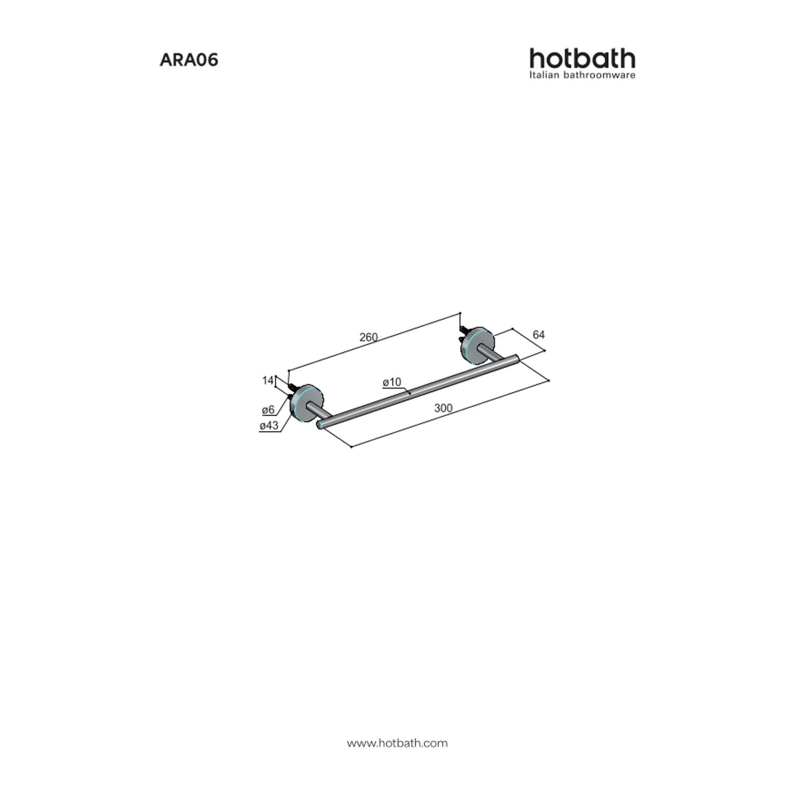 Hotbath &More ARA06 handdoekstang 34 cm RVS 316 technische tekening