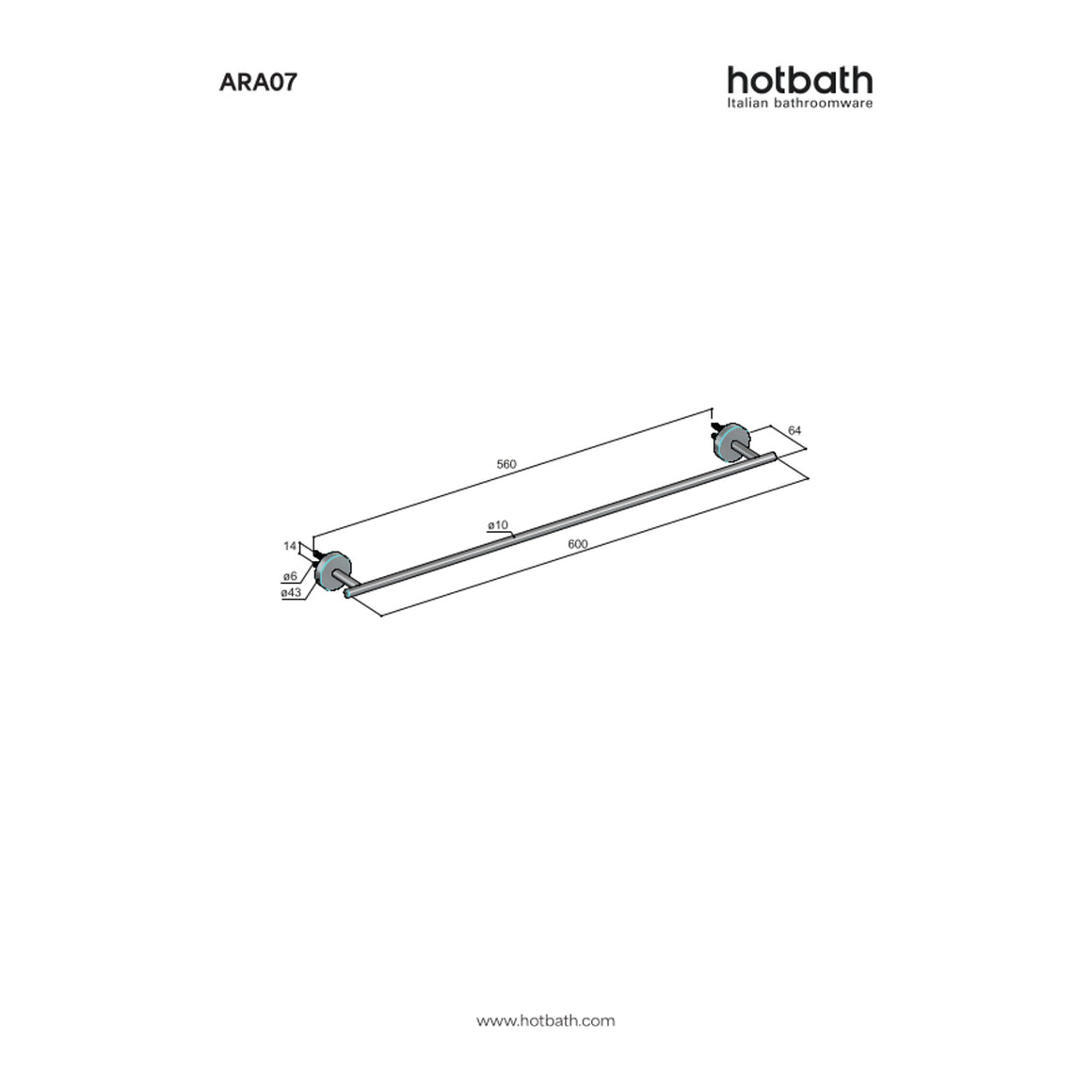 Hotbath &More ARA07 handdoekstang 64 cm RVS 316 technische tekening