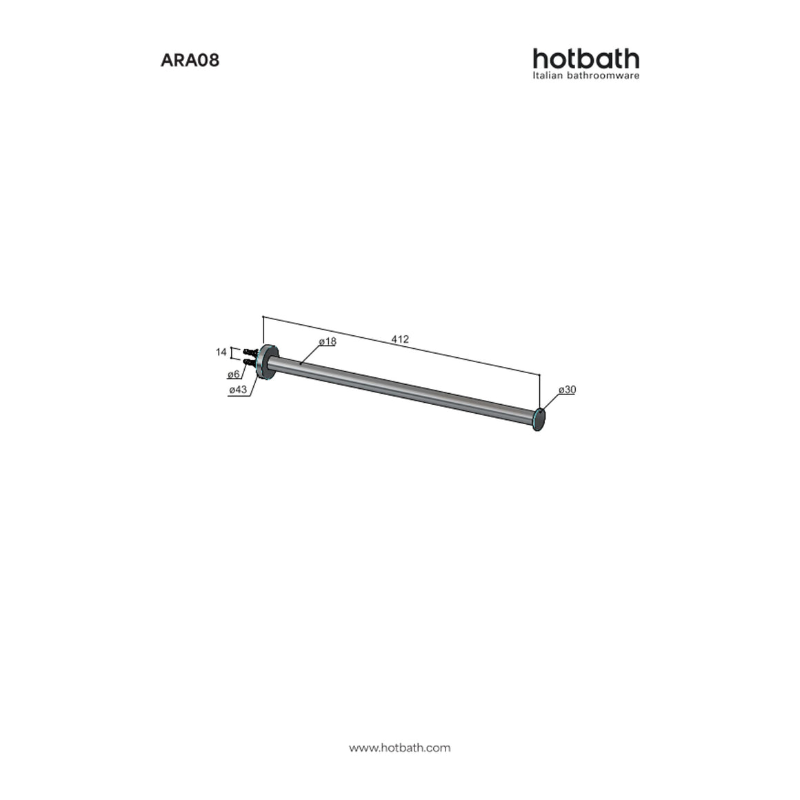 Hotbath &More ARA08 vaste handdoekhouder 40 cm RVS 316 technische tekening