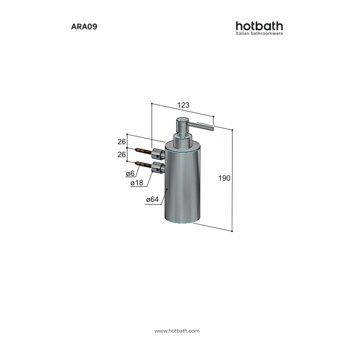 Hotbath &More ARA09 zeepdispenser wandmodel RVS 316 technische tekening