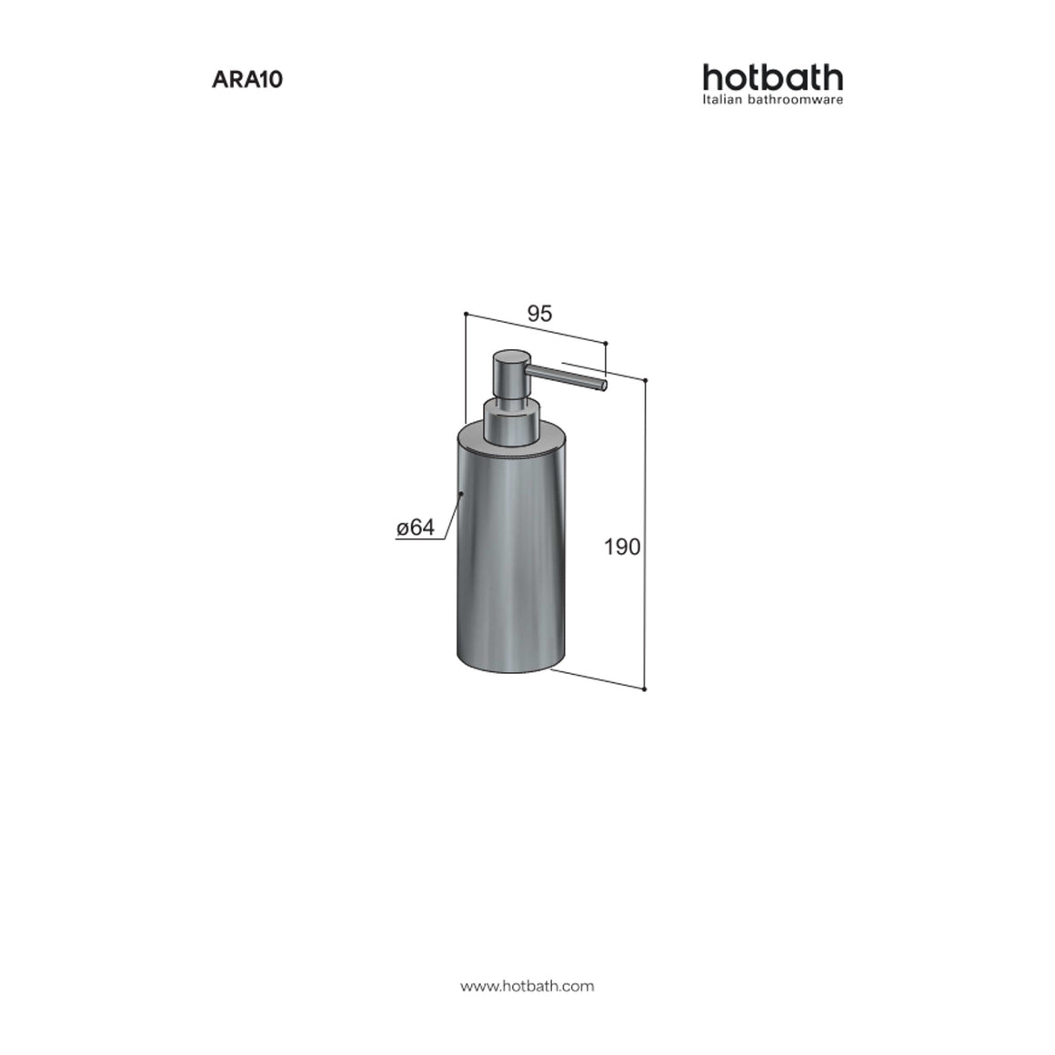 Hotbath &More ARA10 zeepdispenser vrijstaand RVS 316 technische tekening