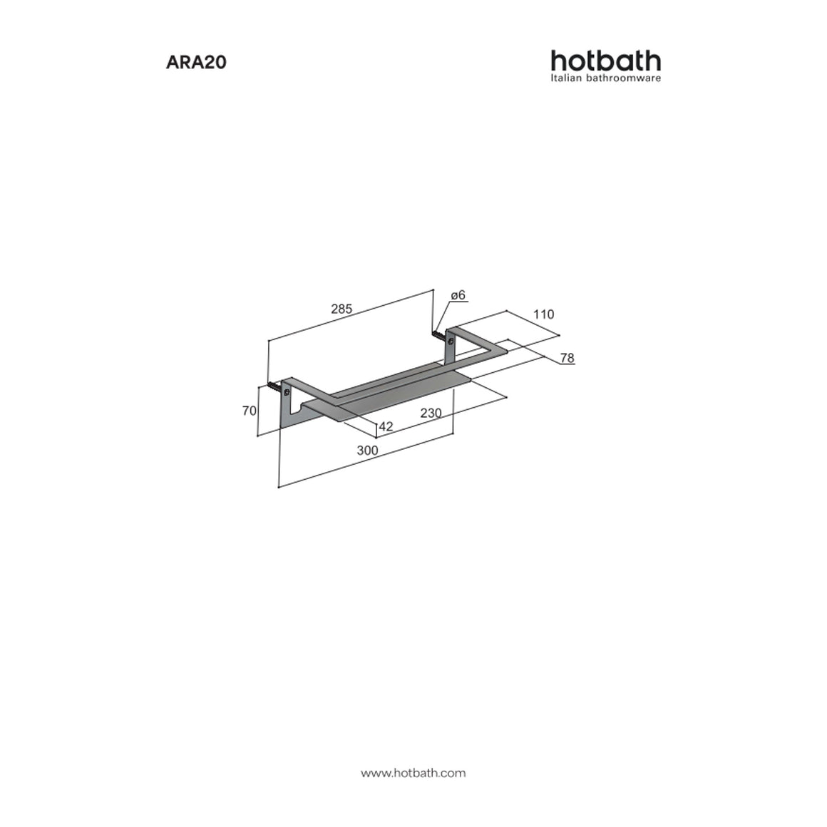 Hotbath &More ARA20 design douchekorf recht RVS 316 technische tekening