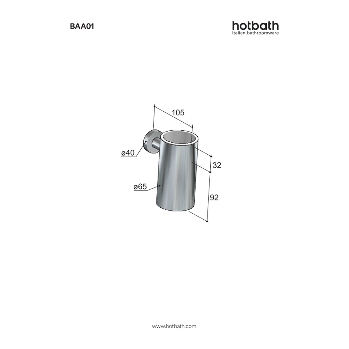 Hotbath &More BAA01 bekerhouder Living Colours technische tekening