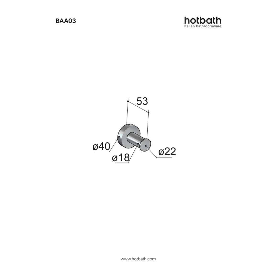 Hotbath &More BAA03 handdoekhaak Living Colours technische tekening
